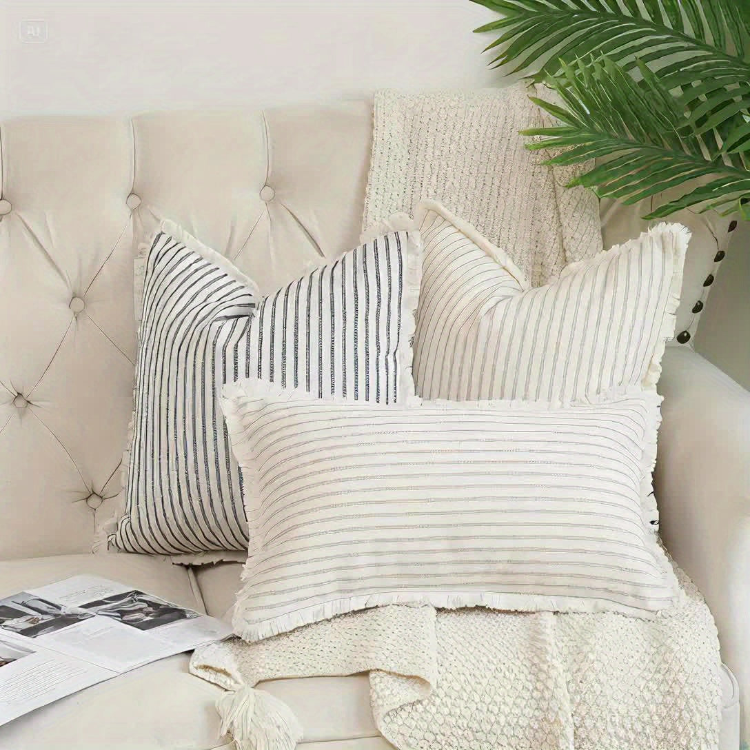 Striped Cushion Cover – Woven Pinstripe Pillow Case, Fringe Edges | Verdelisse