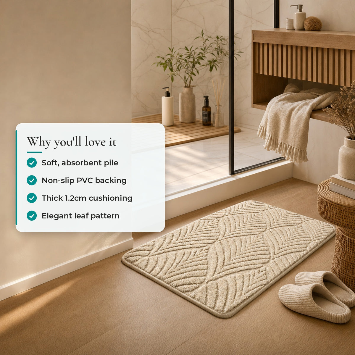 Verdelisse Non-Slip Bath Rug: Soft, absorbent pile, Non-slip PVC backing, Thick 1.2cm cushioning, Elegant leaf pattern