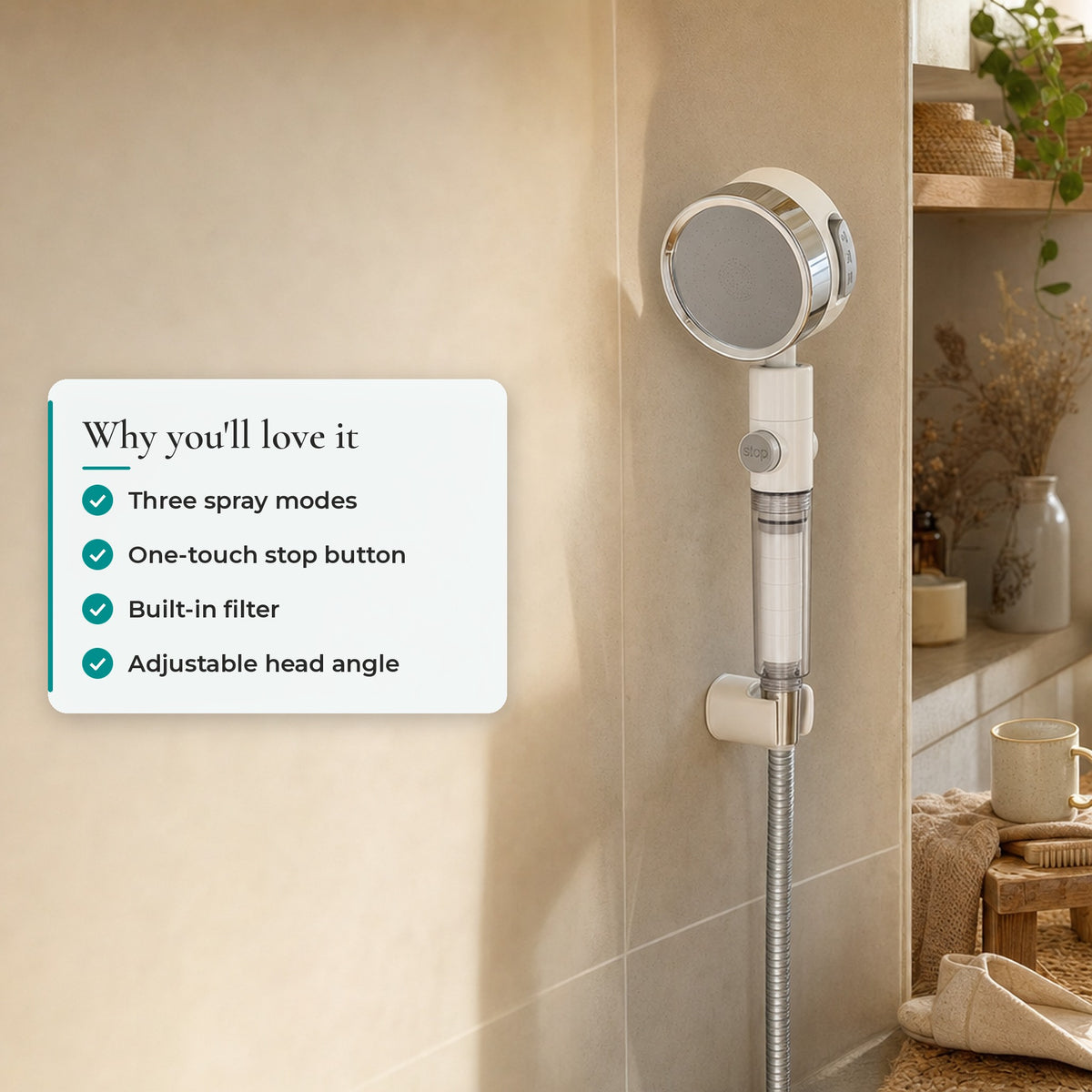 Verdelisse Filtered Showerhead: Three spray modes, One-touch stop button, Built-in filter, Adjustable head angle