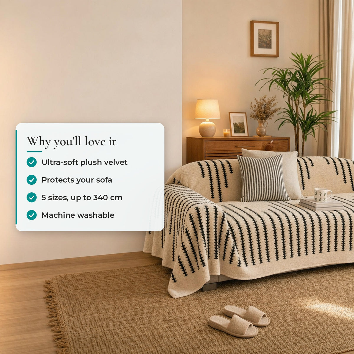 Verdelisse Stripes Sofa Cover: ultra-soft plush velvet, protects your sofa, 5 sizes up to 340 cm, machine washable