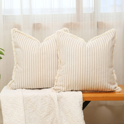 Striped Cushion Cover – Woven Pinstripe Pillow Case, Fringe Edges | Verdelisse