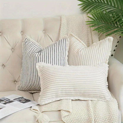 Striped Cushion Cover – Woven Pinstripe Pillow Case, Fringe Edges | Verdelisse