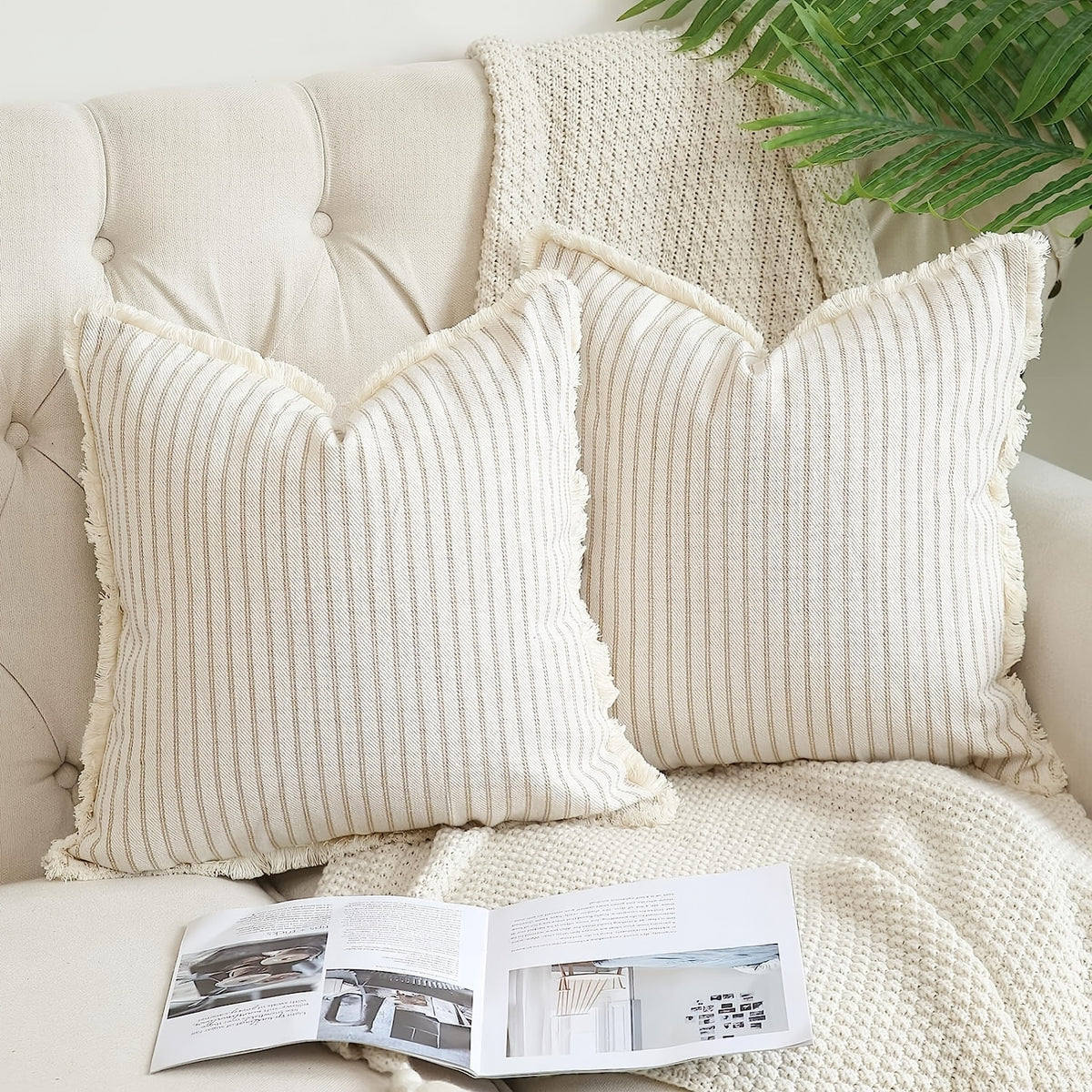 Striped Cushion Cover – Woven Pinstripe Pillow Case, Fringe Edges | Verdelisse