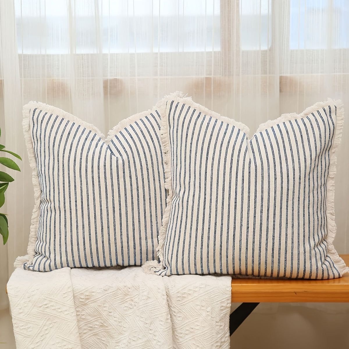Striped Cushion Cover – Woven Pinstripe Pillow Case, Fringe Edges | Verdelisse