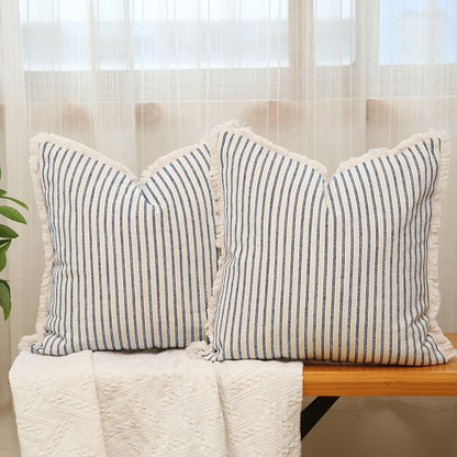 Striped Cushion Cover – Woven Pinstripe Pillow Case, Fringe Edges | Verdelisse
