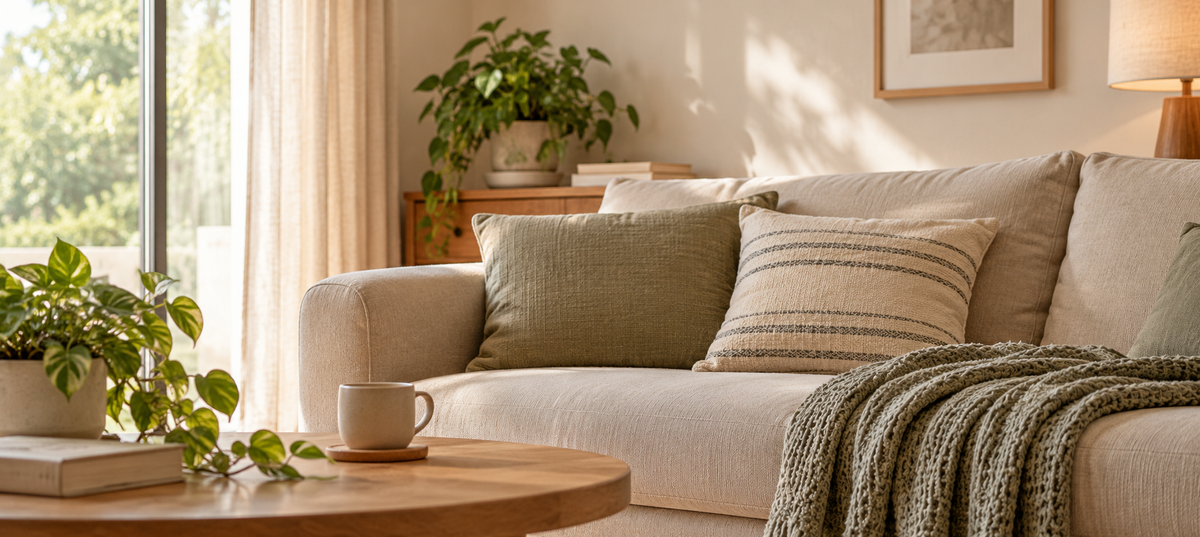 A linen sofa with cushions, a wooden table and a vase of branches