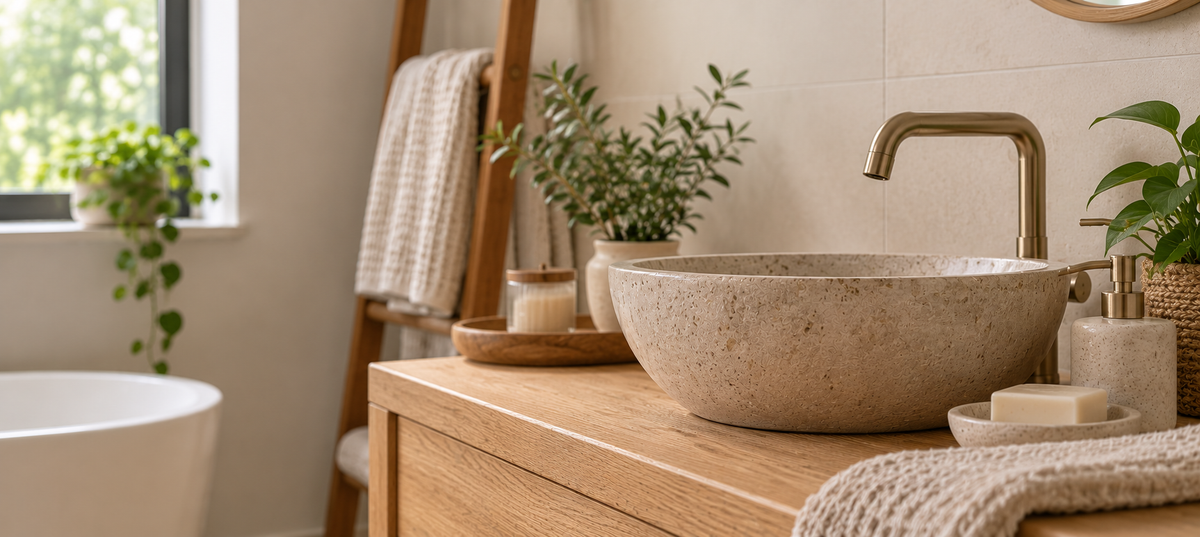 A hand-formed stone bowl on a pale surface