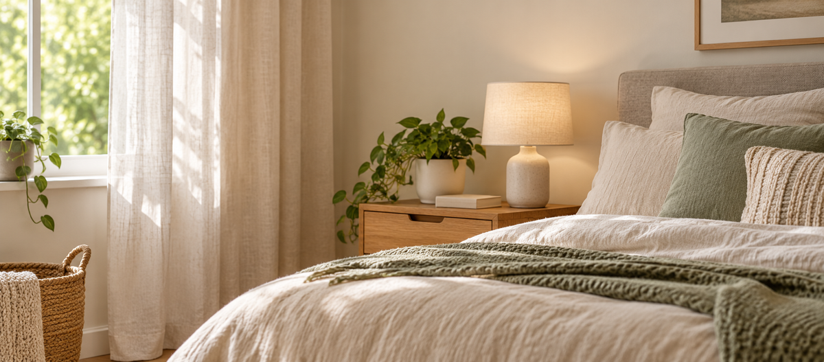 Soft linen cushions layered on a bed