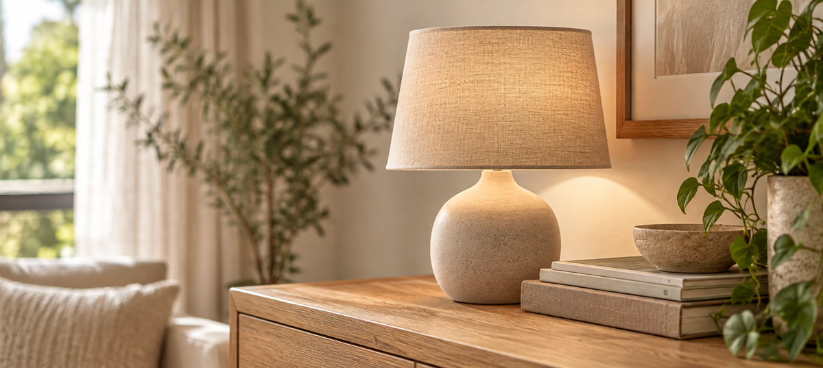 A linen table lamp with a softly glowing shade