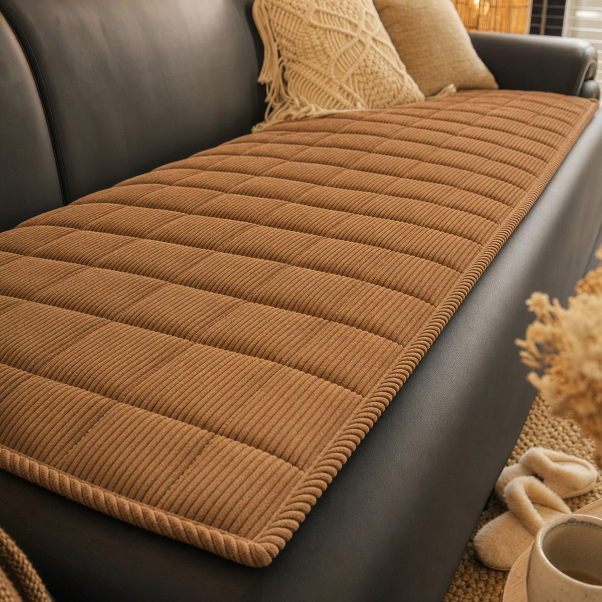 Close-up of the quilted corduroy texture in Coffee Brown