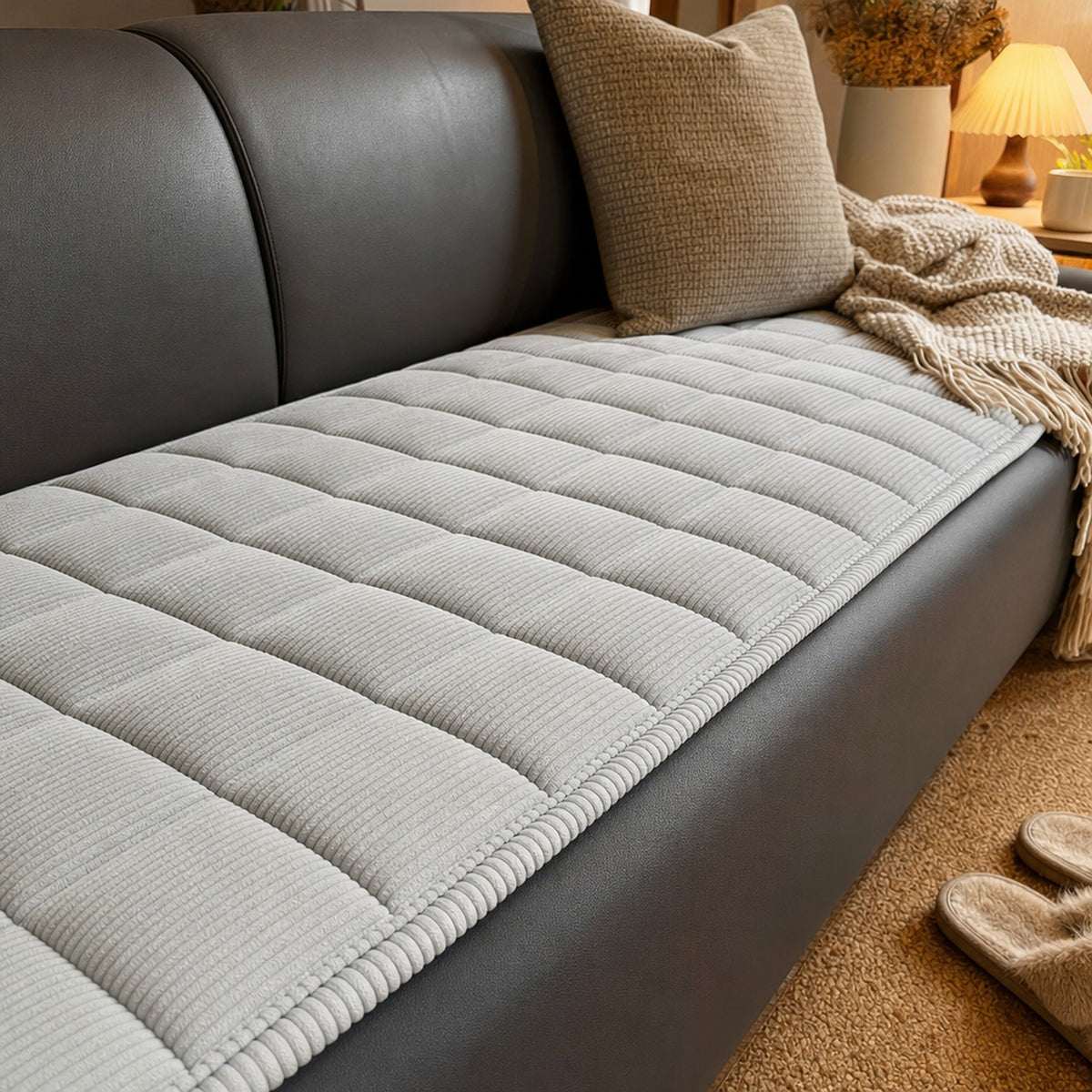 Close-up of a Light Grey quilted corduroy sofa cushion cover