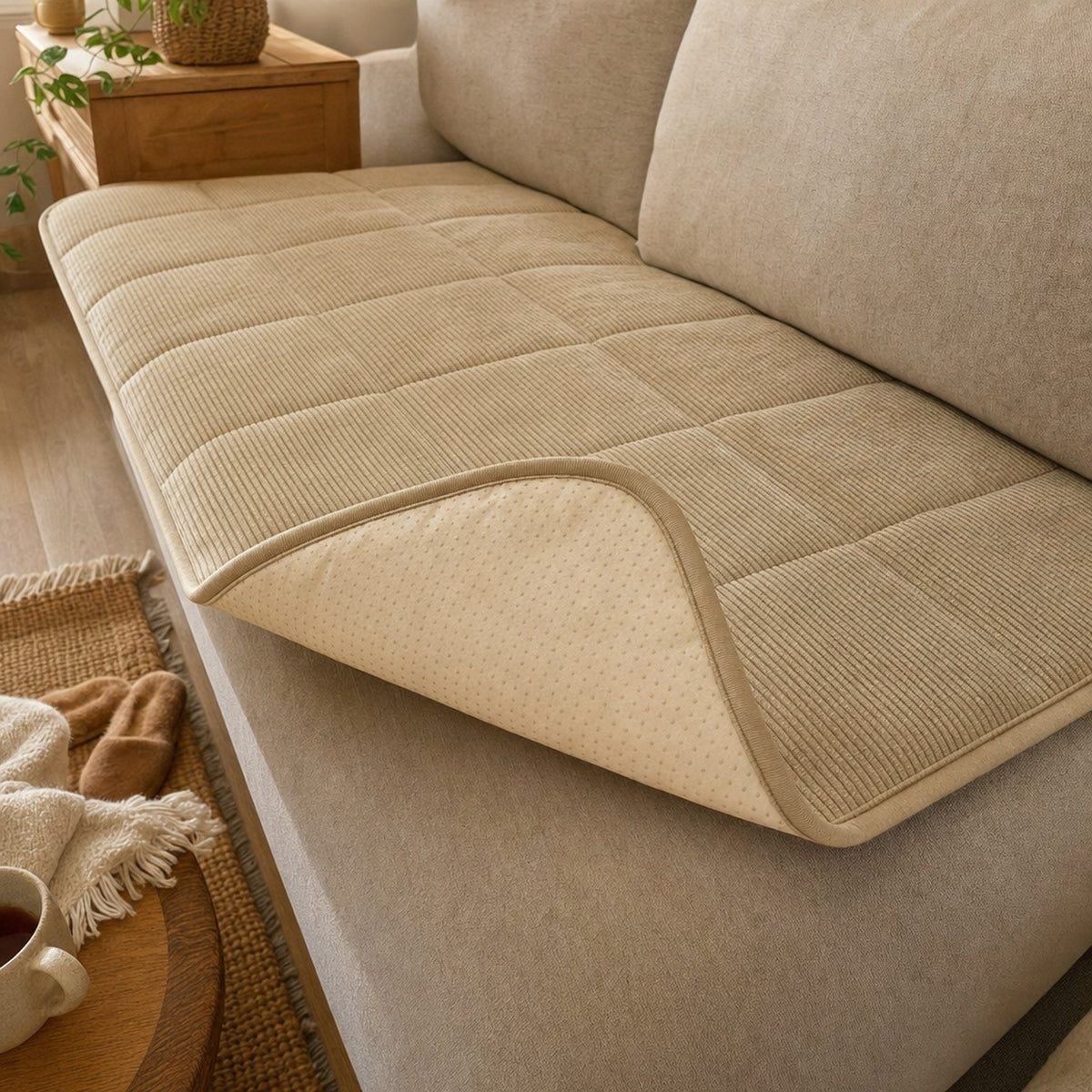 Khaki sofa cushion cover folded back to show the anti-slip dotted backing