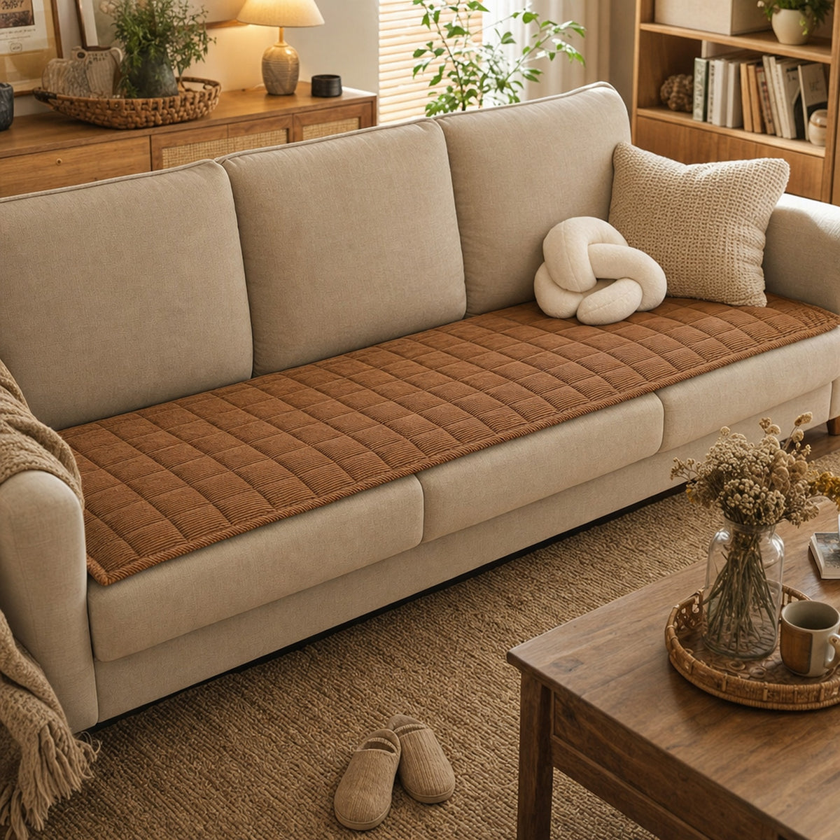 Coffee Brown quilted corduroy sofa cushion cover on a cream sofa in a cozy living room