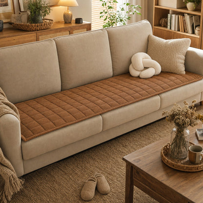 Coffee Brown quilted corduroy sofa cushion cover on a cream sofa in a cozy living room