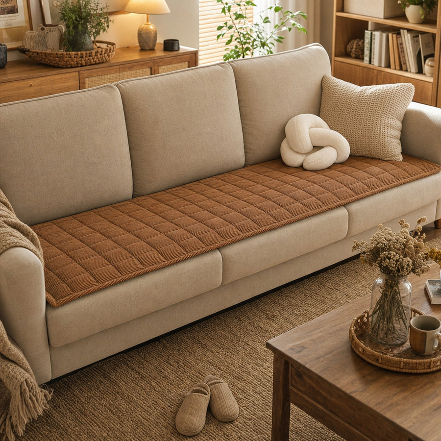 Coffee Brown quilted corduroy sofa cushion cover on a cream sofa in a cozy living room