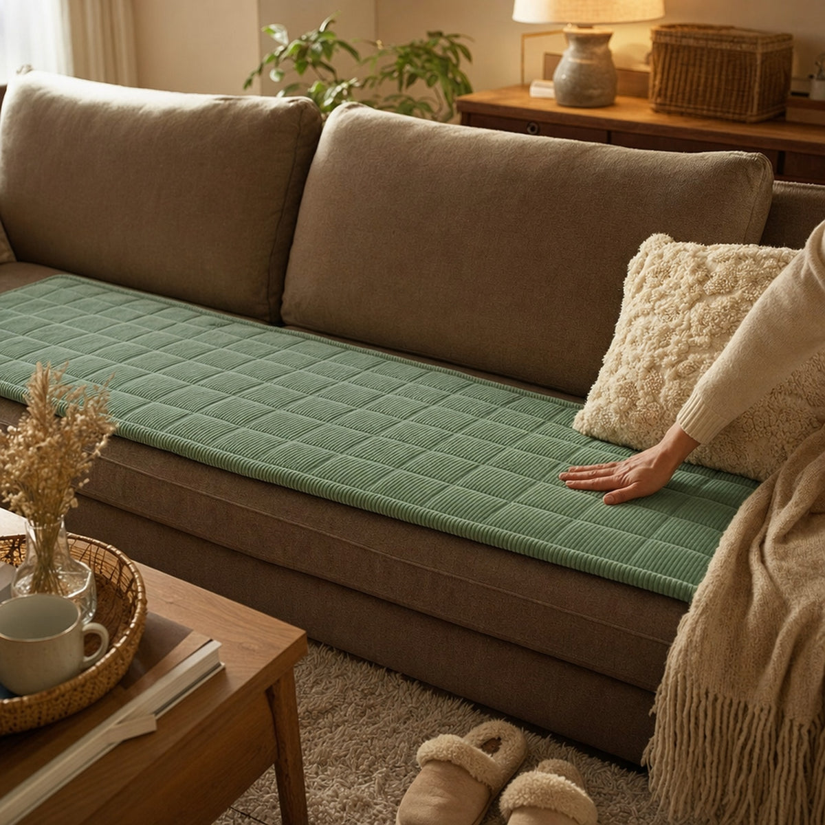Hand smoothing a green quilted corduroy sofa cushion cover
