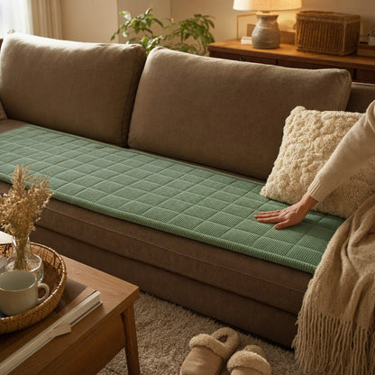 Hand smoothing a green quilted corduroy sofa cushion cover