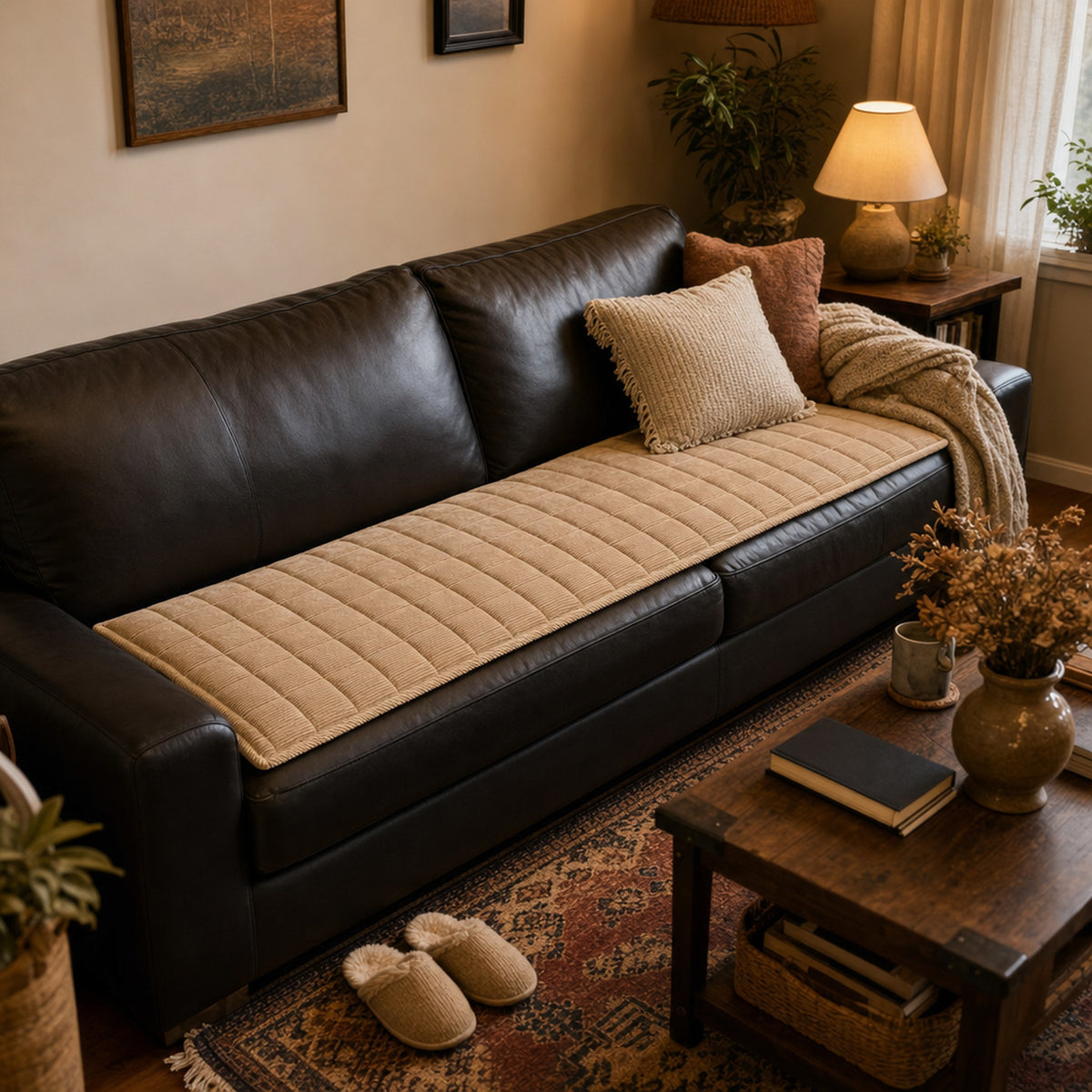 Khaki corduroy sofa cushion cover on a dark leather sofa