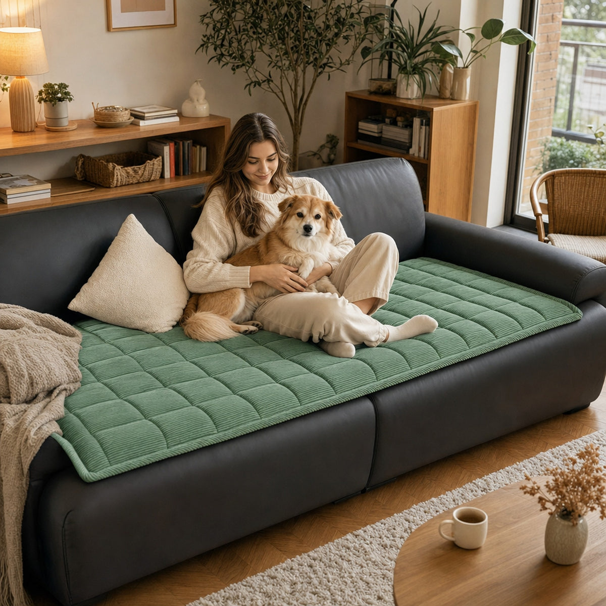 Woman with her dog on a sofa with a green corduroy sofa cushion cover