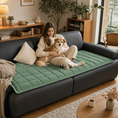 Woman with her dog on a sofa with a green corduroy sofa cushion cover