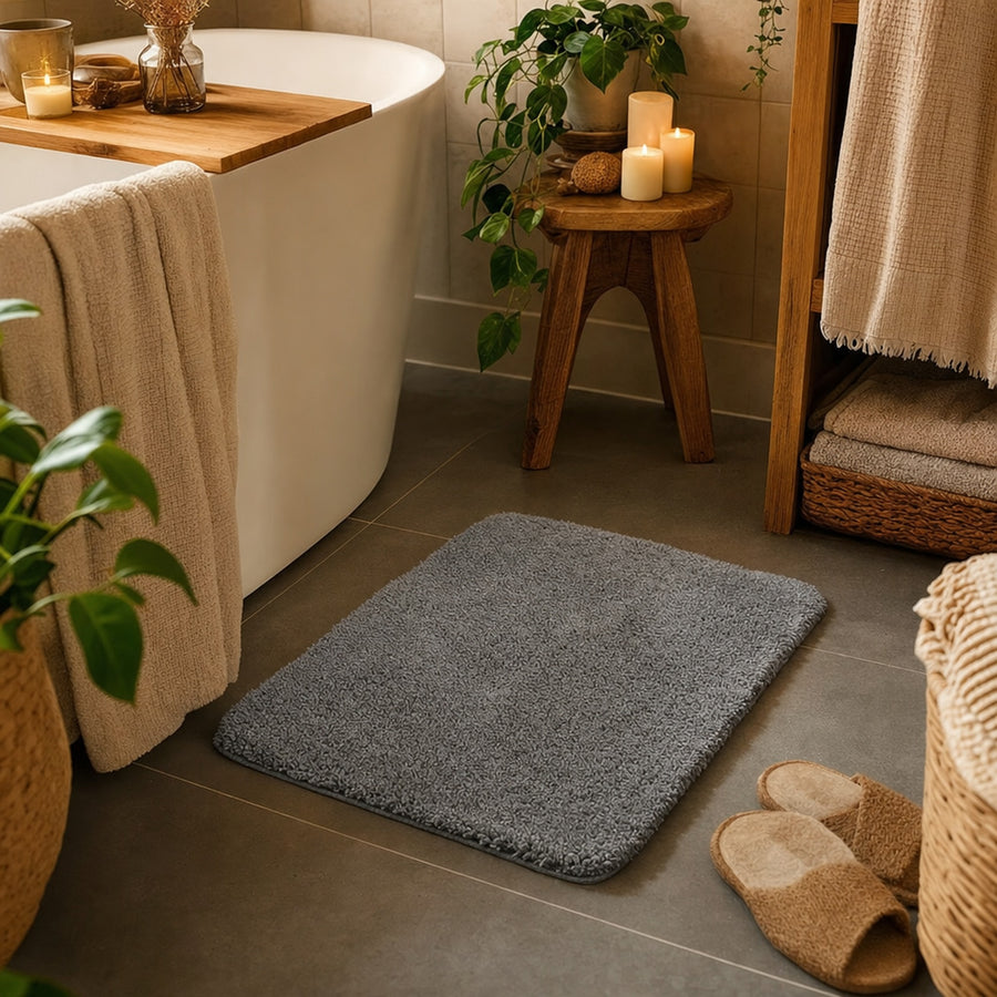 Verdelisse Absorbent Bath Mat in Grey, lying in front of a bathtub in a cozy bathroom