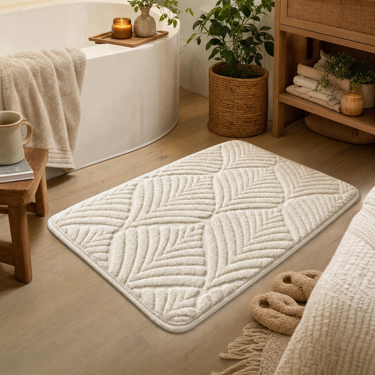 Verdelisse Non-Slip Bath Rug in White, lying in front of a bathtub in a cozy bathroom
