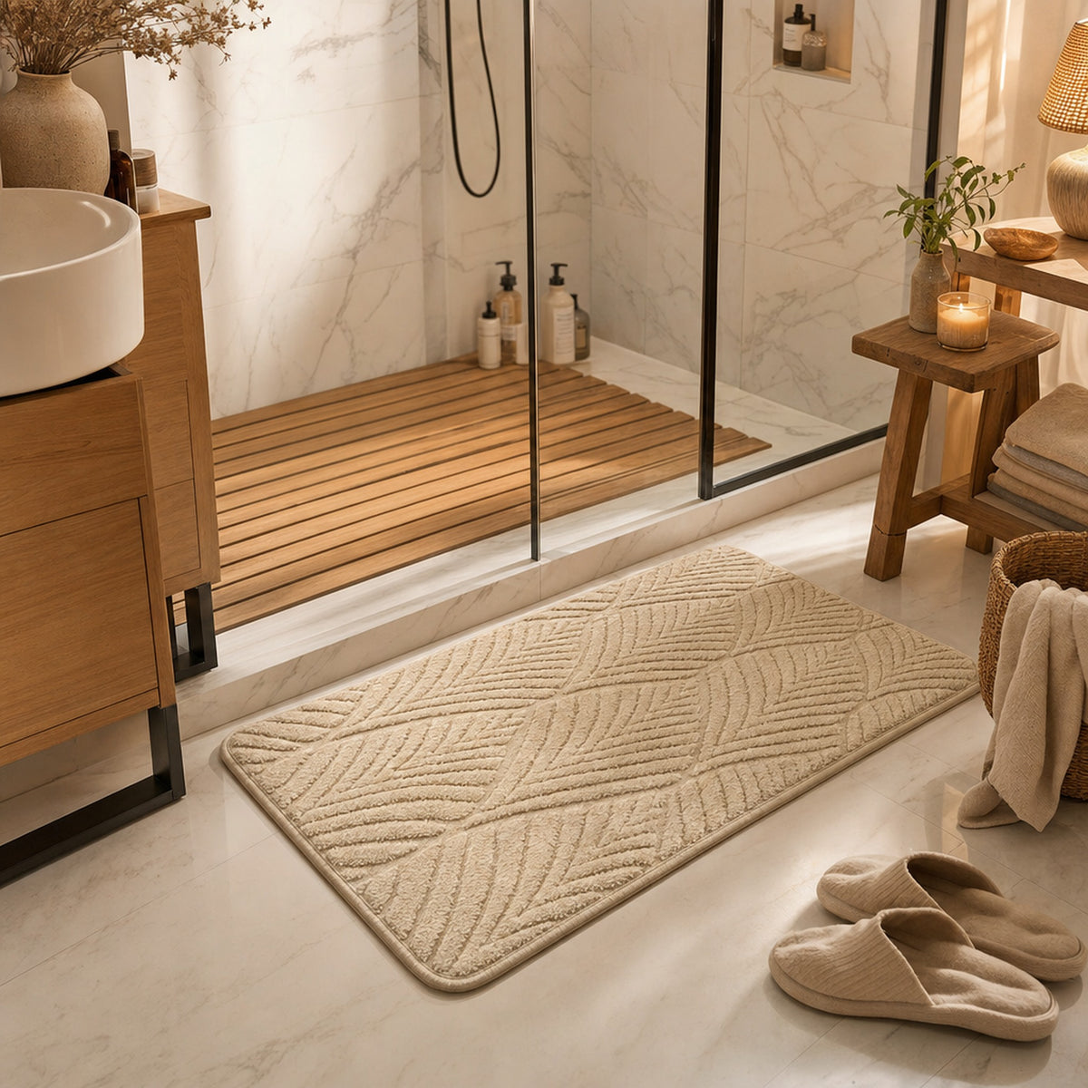 Verdelisse Non-Slip Bath Rug in Camel, lying in front of a walk-in shower
