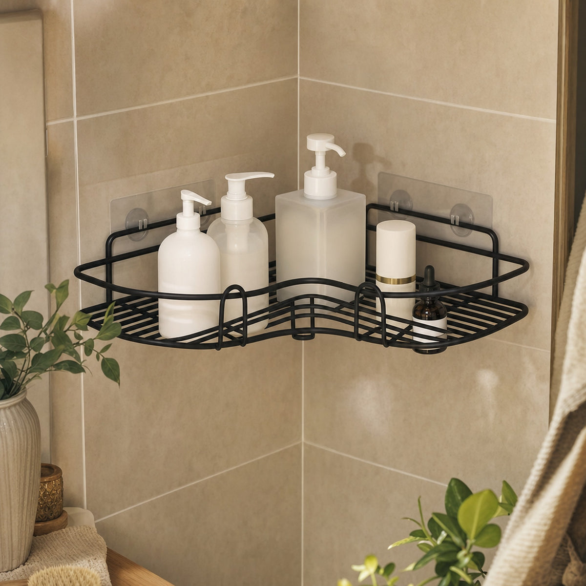Verdelisse Wall-Mounted Bathroom Organizer in Black, corner shelf with bottles in a warm tiled shower