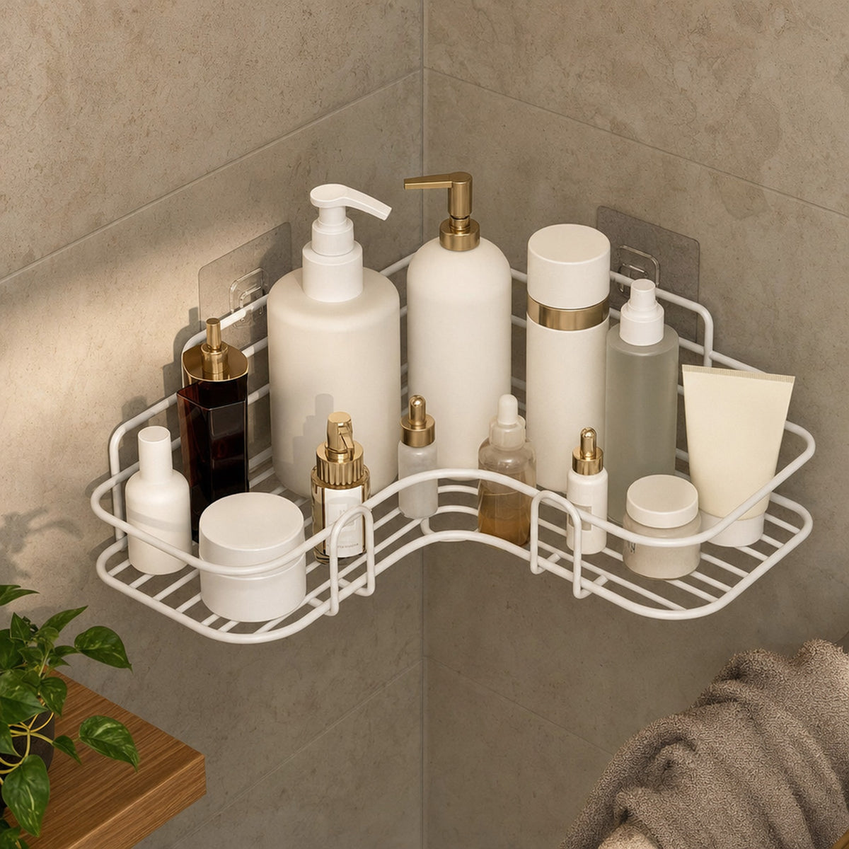 Verdelisse Wall-Mounted Bathroom Organizer in White, filled with skincare in a shower corner