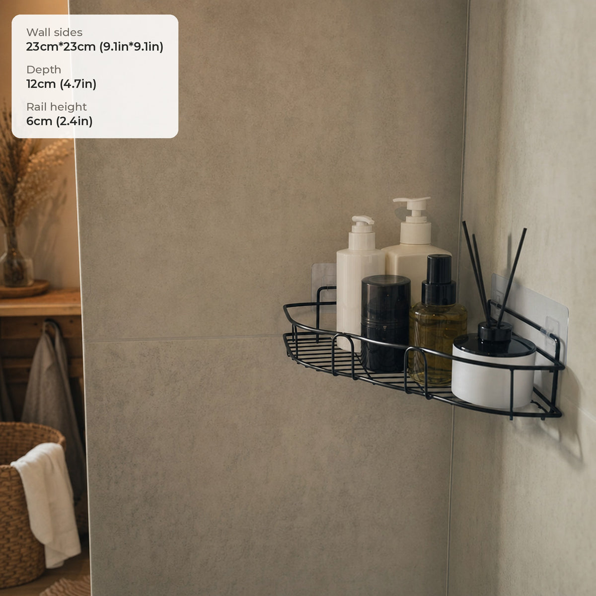 Verdelisse Wall-Mounted Bathroom Organizer dimensions: 23cm*23cm (9.1in*9.1in), depth 12cm (4.7in), rail 6cm (2.4in)