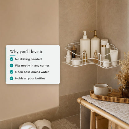 Verdelisse Wall-Mounted Bathroom Organizer: no drilling, fits any corner, open base drains water, holds all bottles