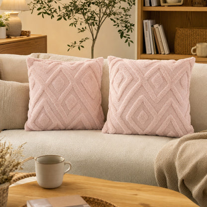 Verdelisse Boho Throw Pillow Covers in Pink, a pair on a cream sofa in a cozy living room
