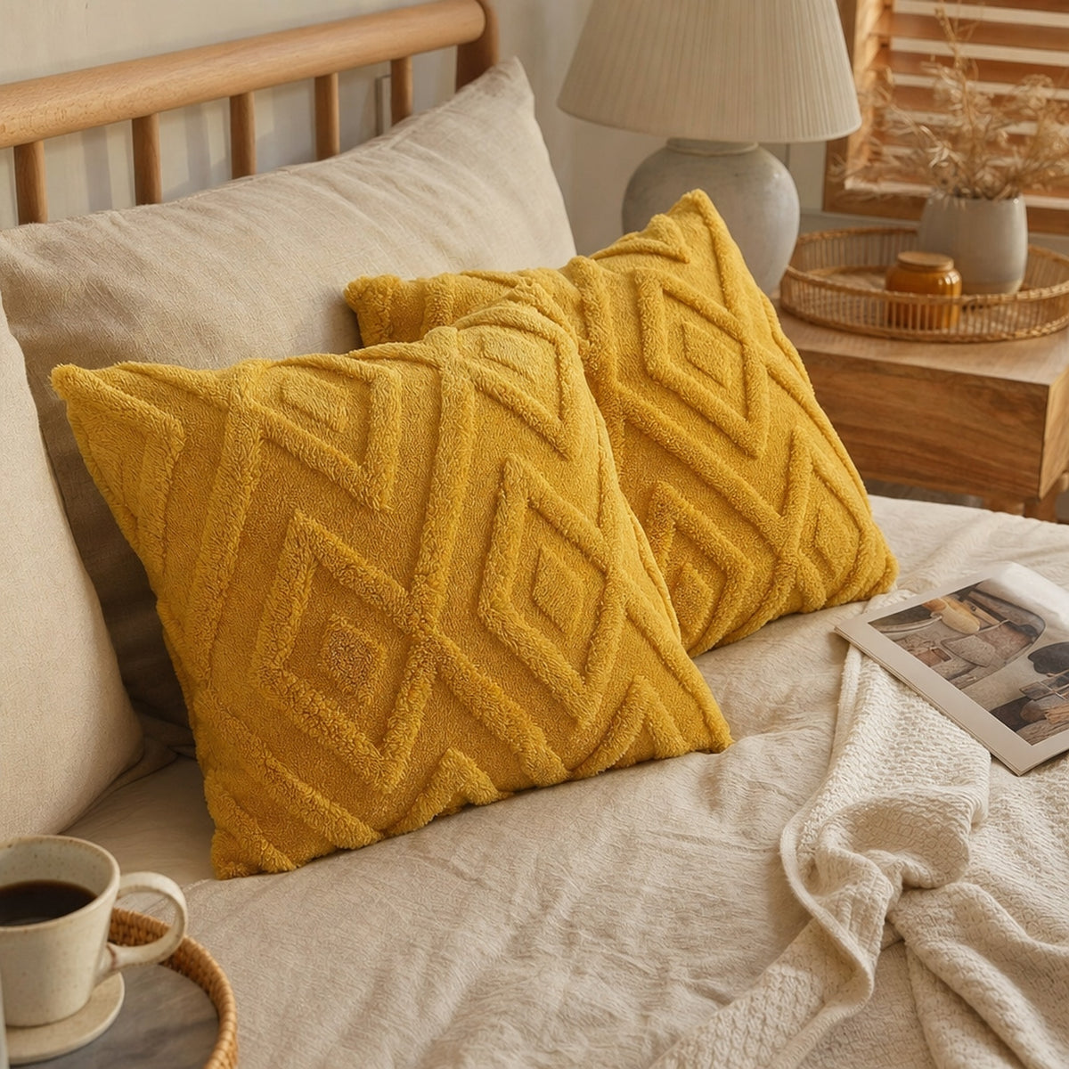 Verdelisse Boho Throw Pillow Covers in Yellow, a pair on a made bed