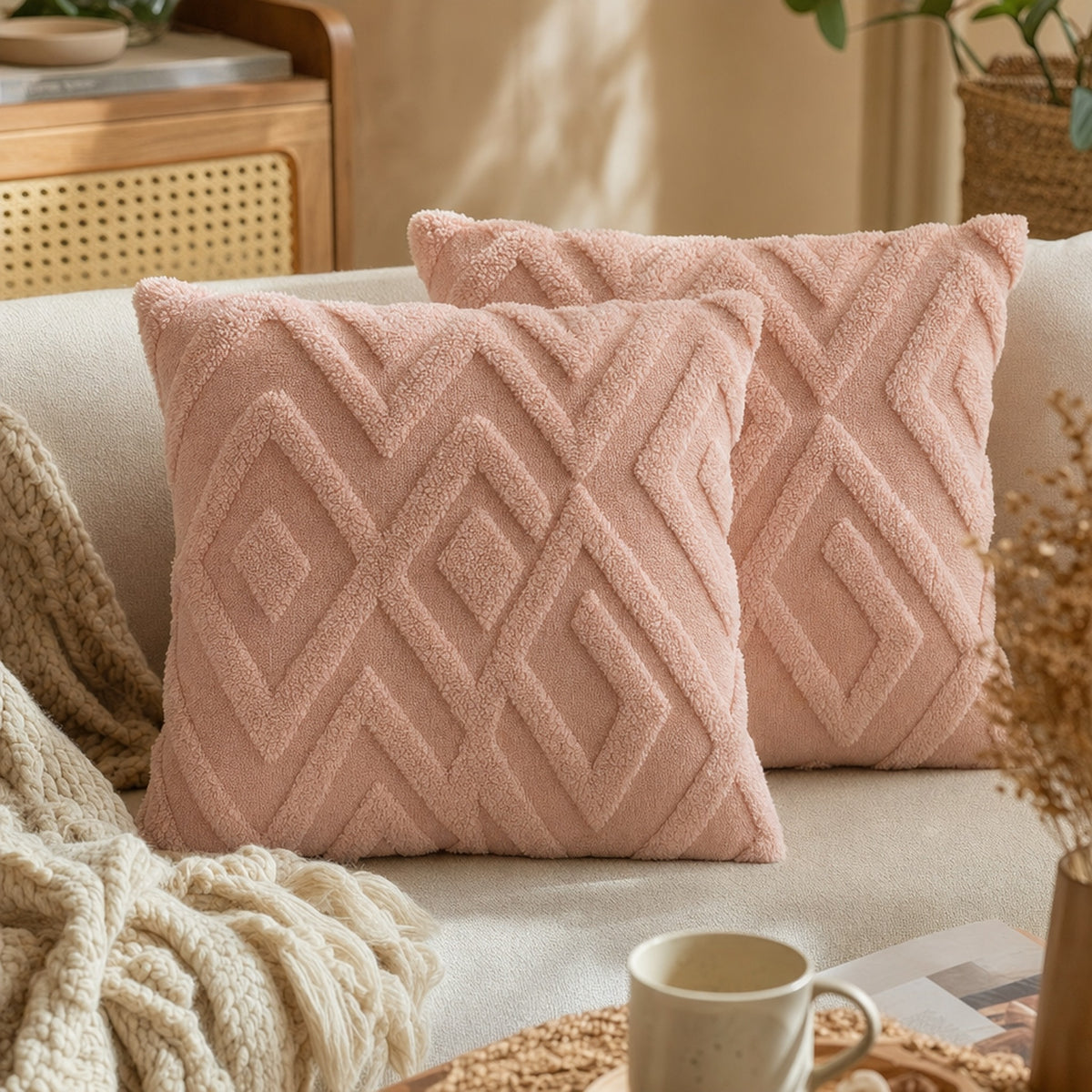 Verdelisse Boho Throw Pillow Covers in Pink, close-up of the raised diamond plush pattern
