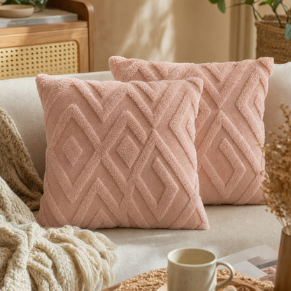 Verdelisse Boho Throw Pillow Covers in Pink, close-up of the raised diamond plush pattern