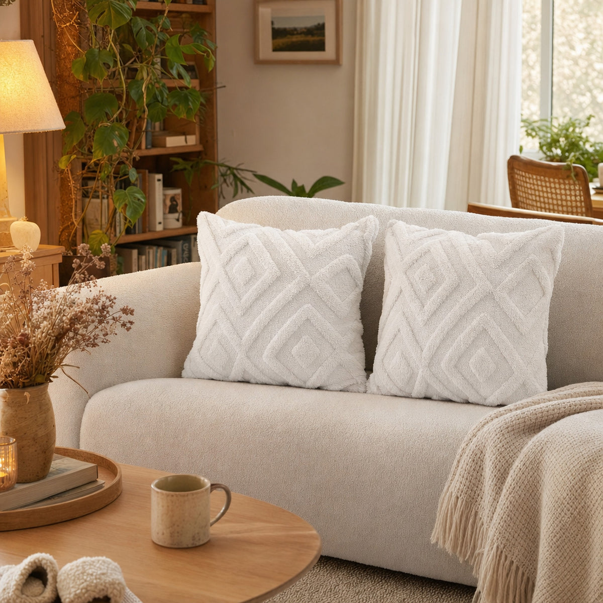 Verdelisse Boho Throw Pillow Covers in White on a sofa in a warm living room