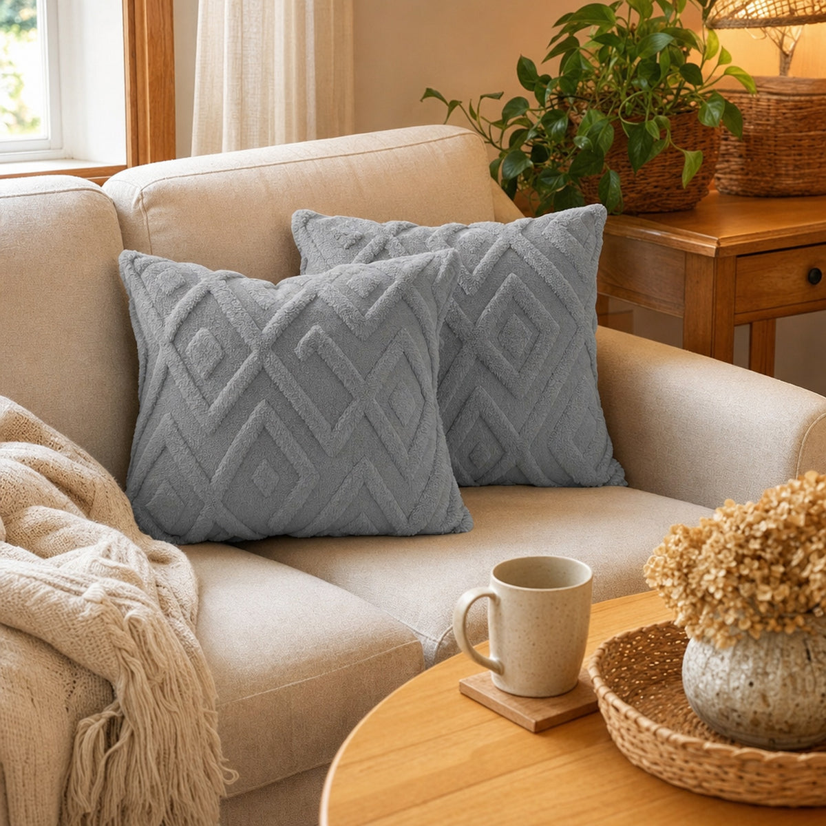 Verdelisse Boho Throw Pillow Covers in Gray, a pair in the corner of a linen sofa