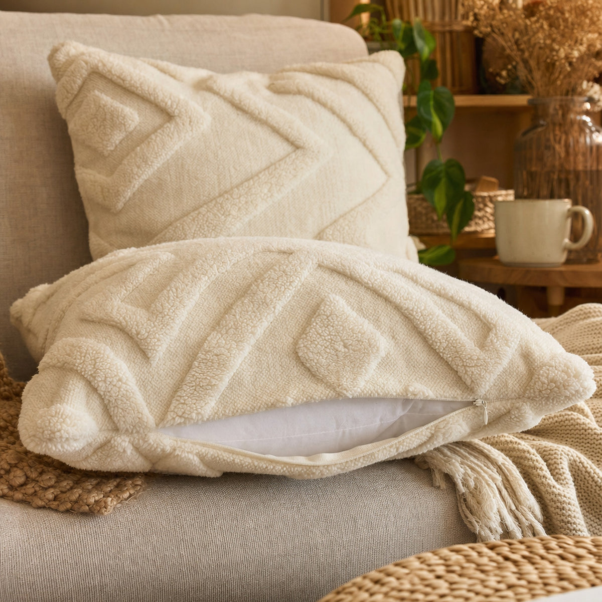 Verdelisse Boho Throw Pillow Covers in White, hidden zipper along the bottom edge