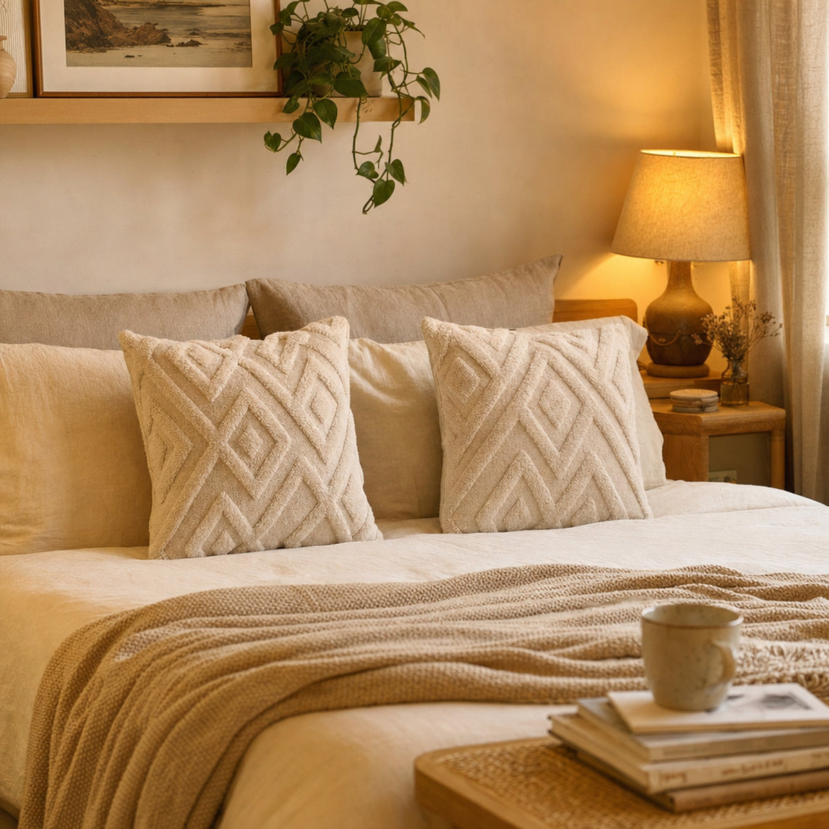 Verdelisse Boho Throw Pillow Covers in Beige on a made bed in a cozy bedroom