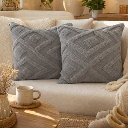 Verdelisse Boho Throw Pillow Covers in Gray, close-up of the plush diamond texture