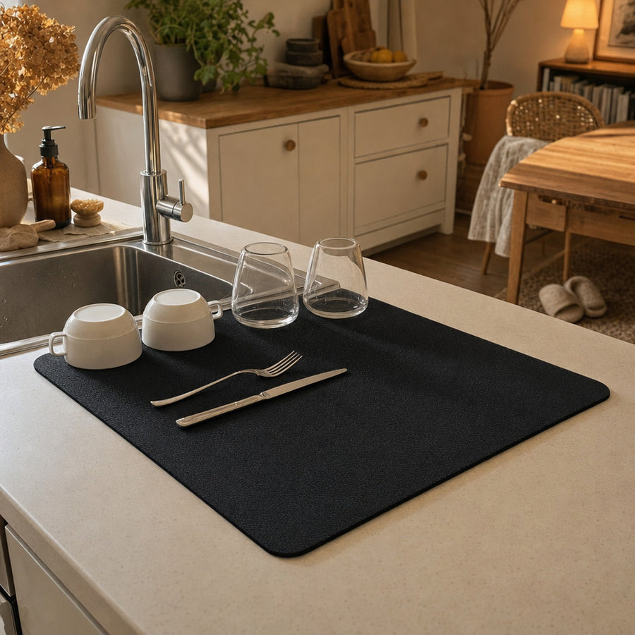 Verdelisse Dish Drying Mat in Black, glasses and cutlery drying next to the sink