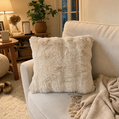 Verdelisse Faux Fur Throw Pillow Cover in Camel on a cozy cream sofa