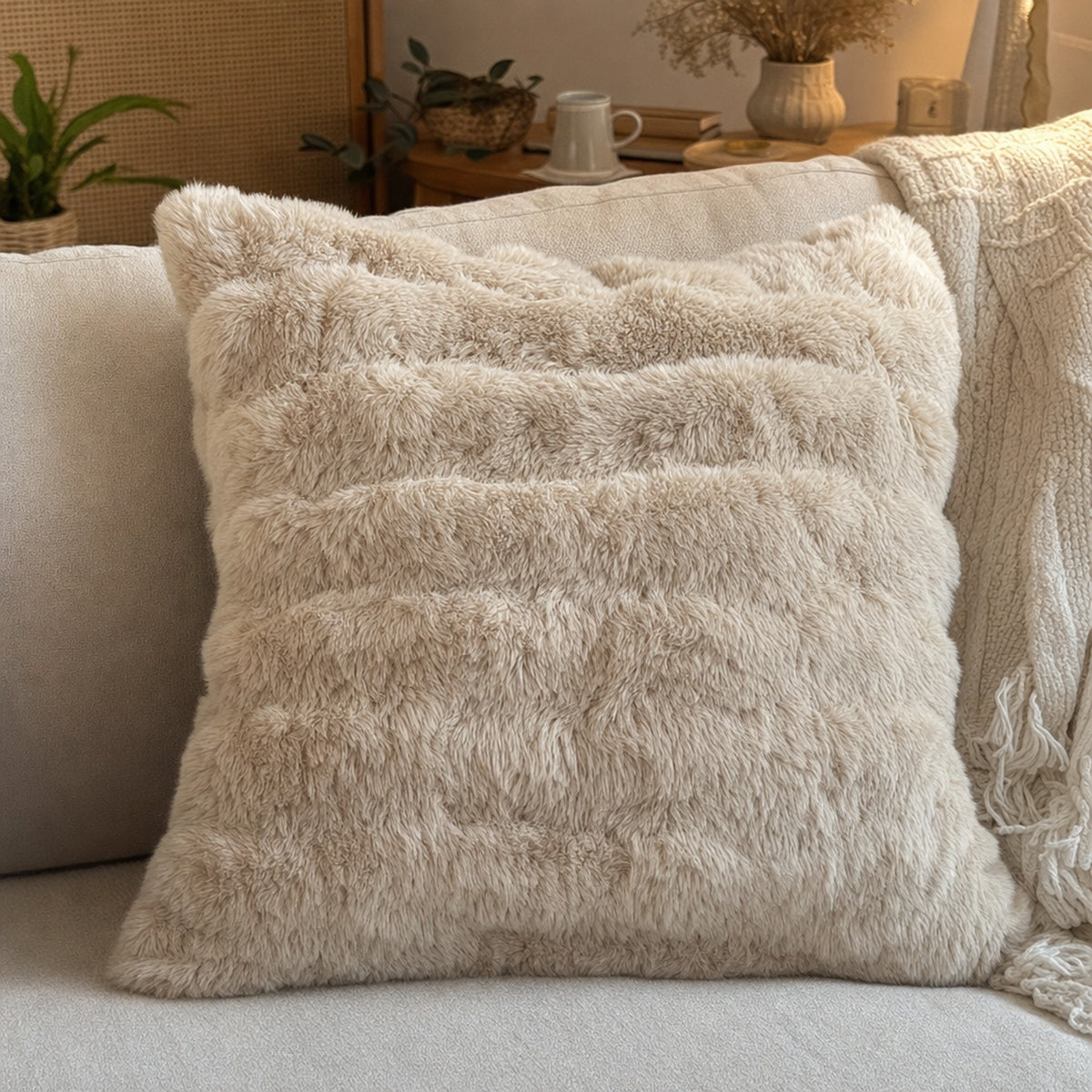 Verdelisse Faux Fur Throw Pillow Cover in Camel, close-up of the fluffy wave texture