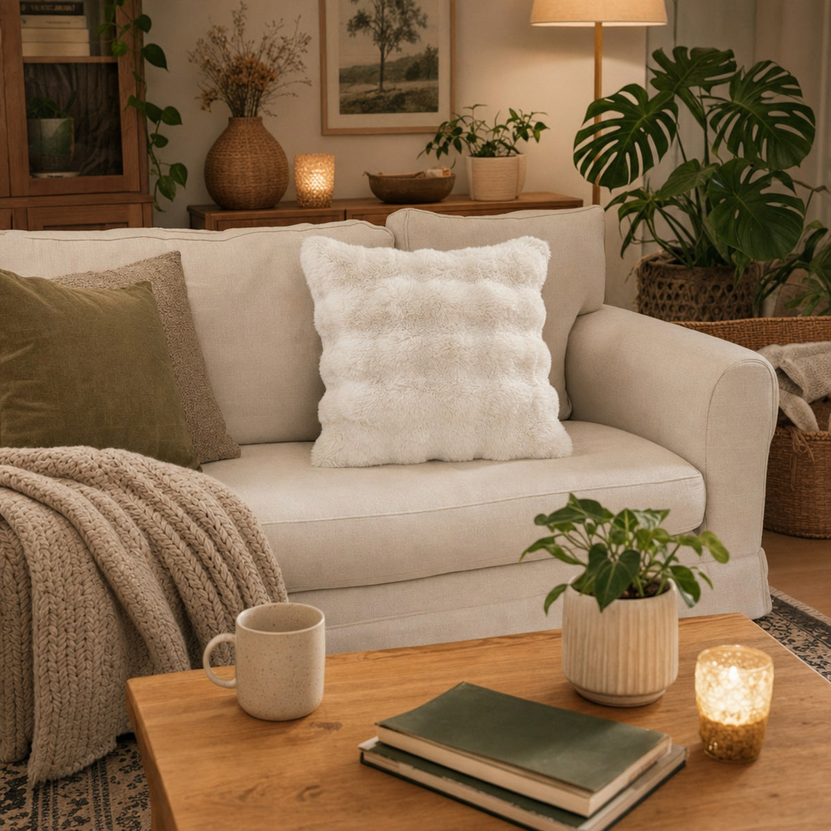 Verdelisse Faux Fur Throw Pillow Cover in White in a cozy living room