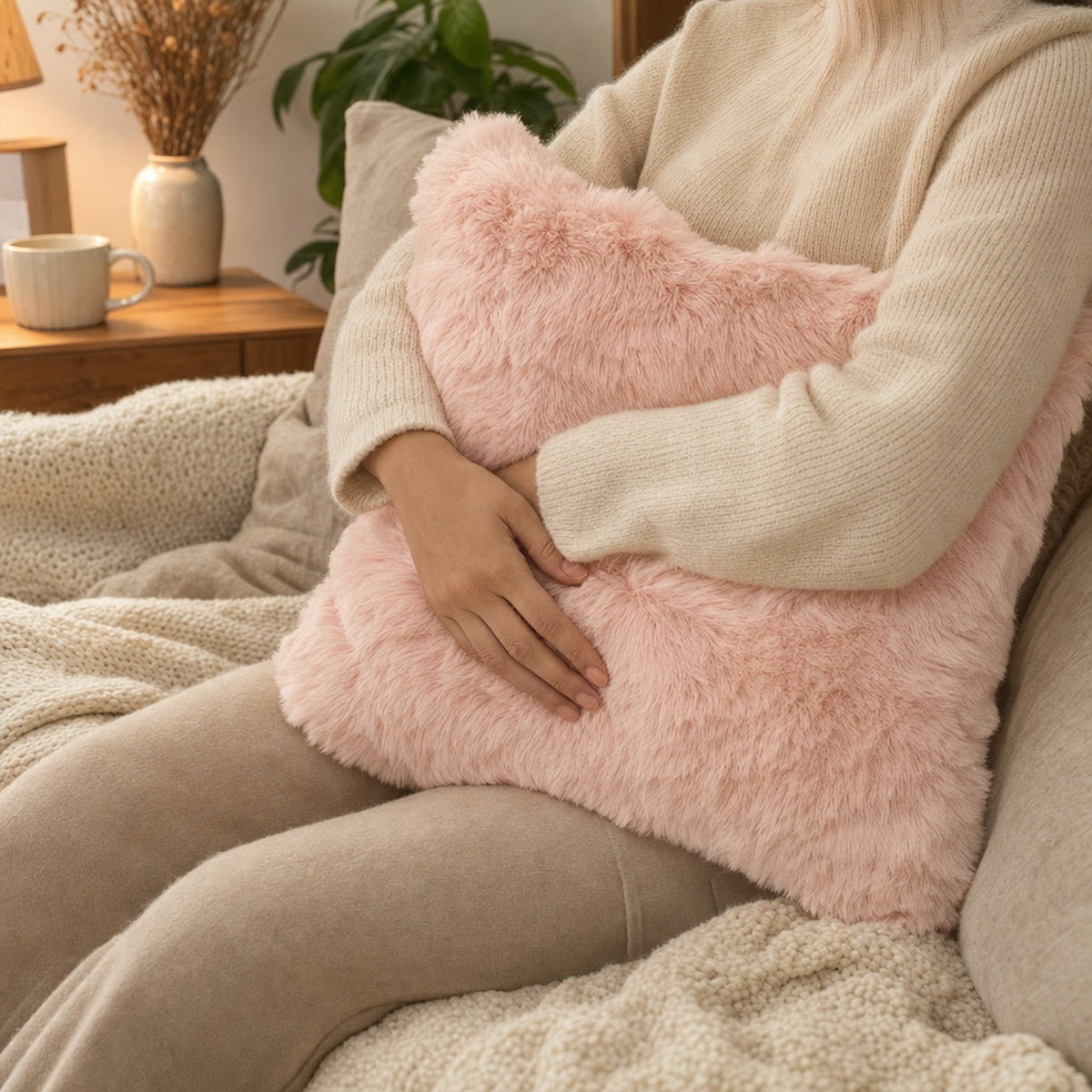Verdelisse Faux Fur Throw Pillow Cover in Pink, hugged on the sofa