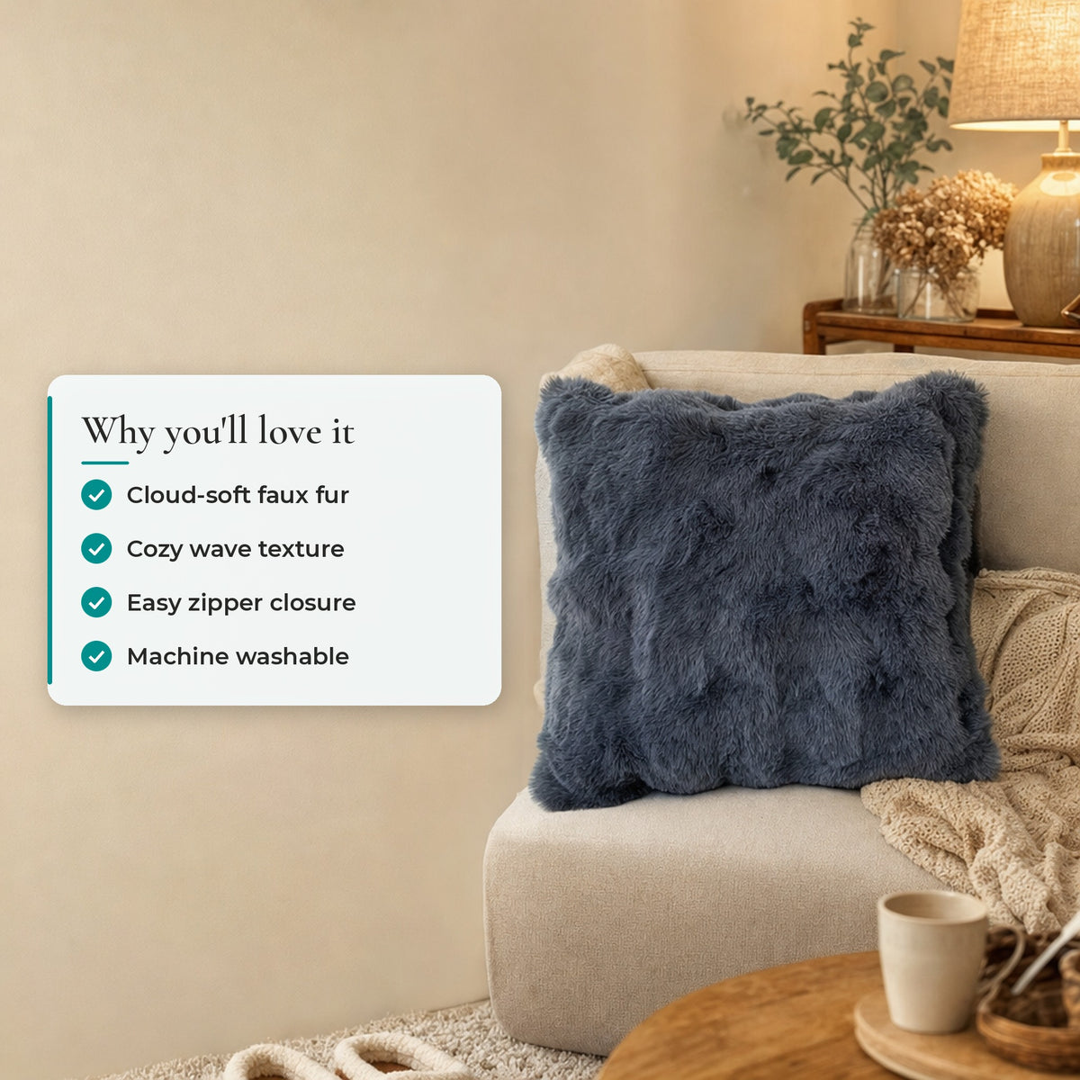 Verdelisse Faux Fur Throw Pillow Cover: cloud-soft faux fur, cozy wave texture, easy zipper closure, machine washable
