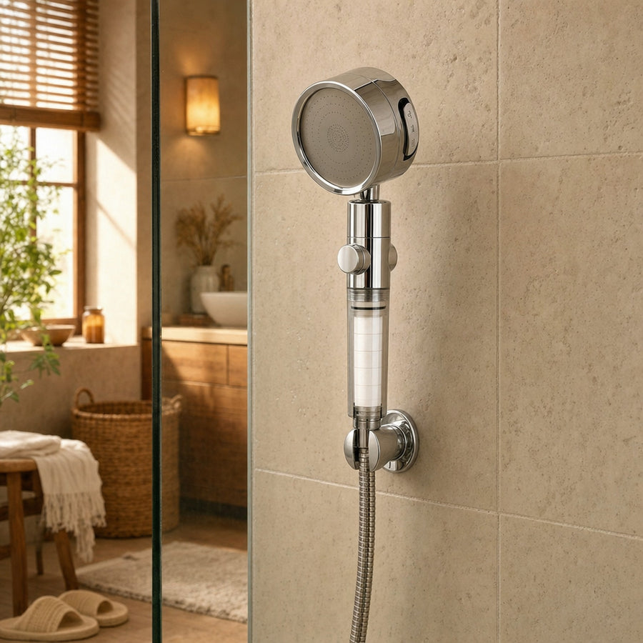 Verdelisse Filtered Showerhead in Silvery, in its wall holder in a walk-in shower