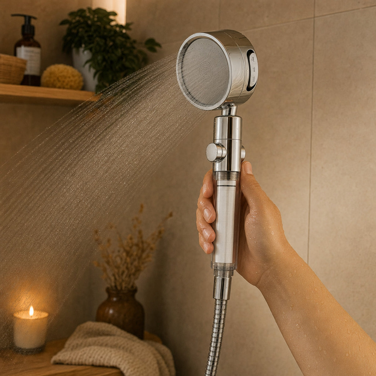 Verdelisse Filtered Showerhead in Silvery, held in the hand with water spraying