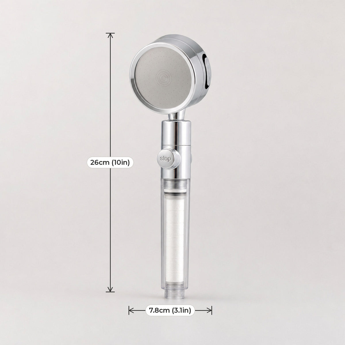 Verdelisse Filtered Showerhead dimensions: 26cm (10in) long, head 7.8cm (3.1in)