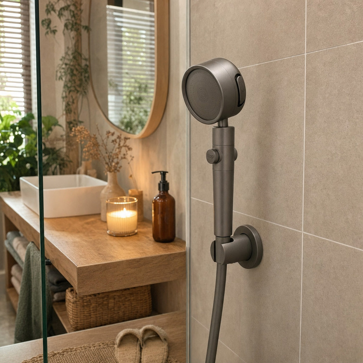 Verdelisse Filtered Showerhead in Grey, in a warm, cozy bathroom